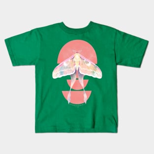 Pink Luna Moth Watercolor on Green Background Kids T-Shirt